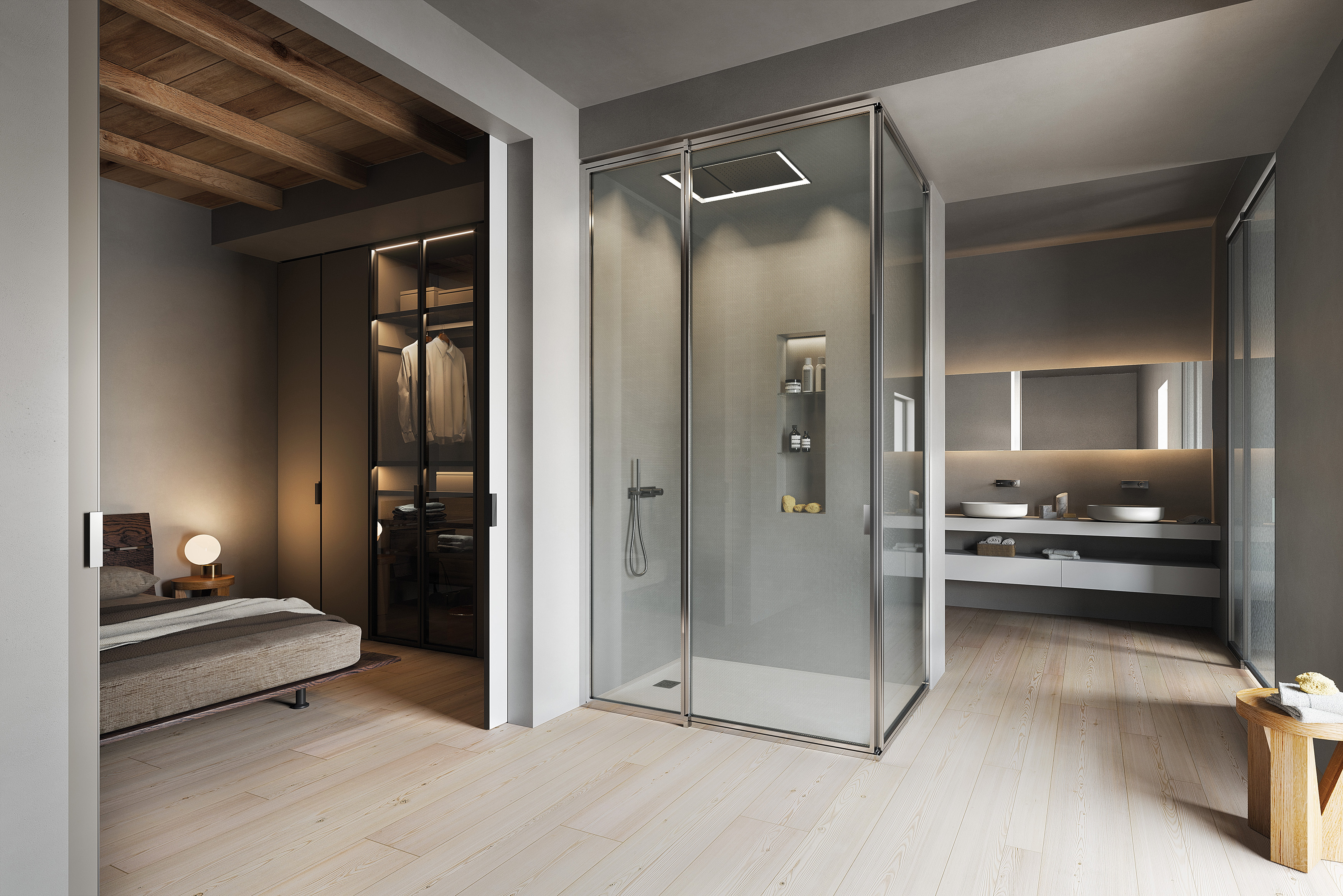In this set-up, the separate shower enclosure and fixtures area are enclosed by matching elements