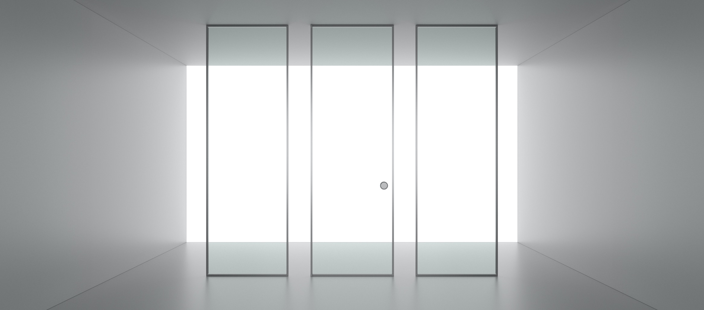 Le système modulaire Suite est composé de panneaux fixes et de portes en verre et aluminium
